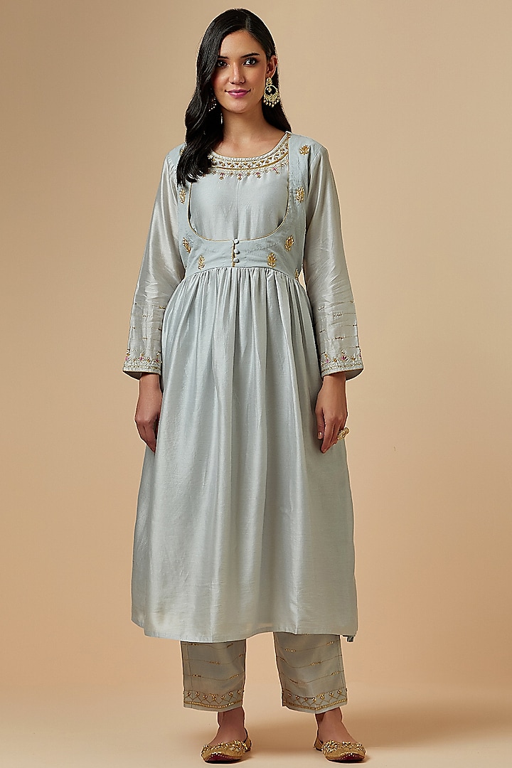 Grey Hand Embroidered Gathered Kurta by Anantaa By Roohi Trehan