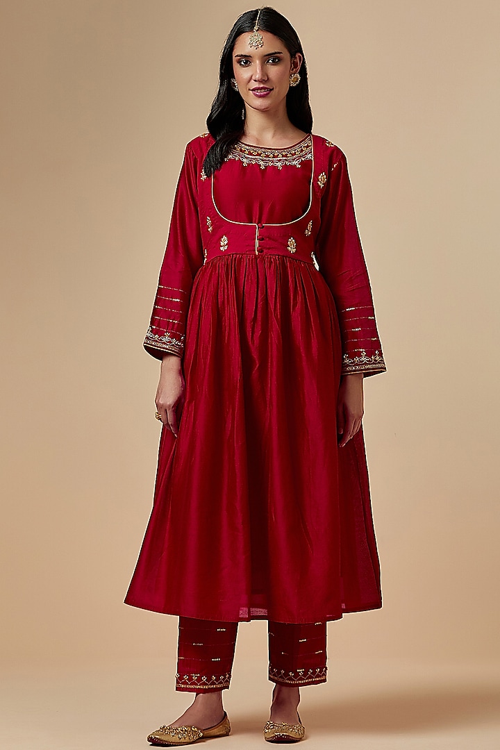 Red Hand Embroidered Gathered Kurta by Anantaa By Roohi Trehan
