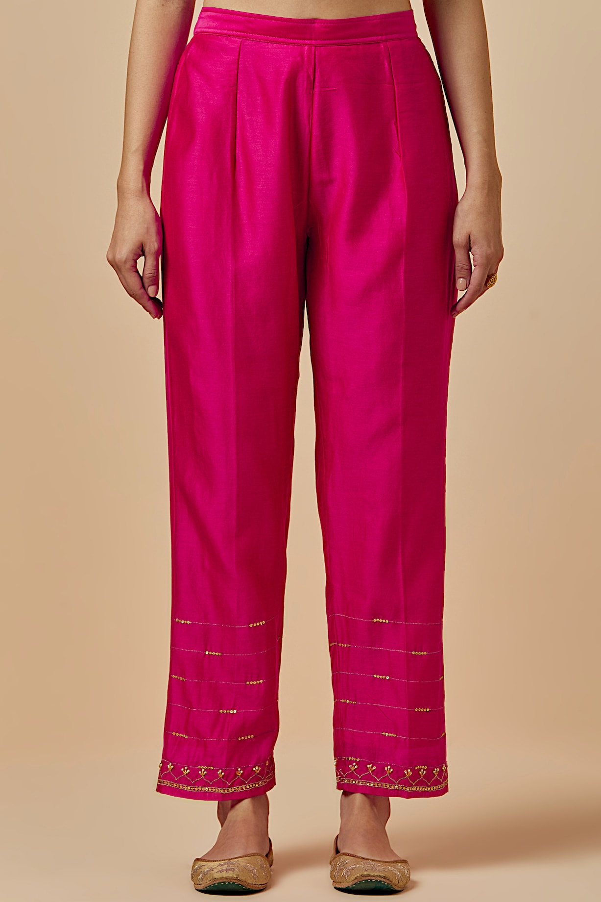 Hot pink cotton printed pants with organza panels by Jalpa Shah