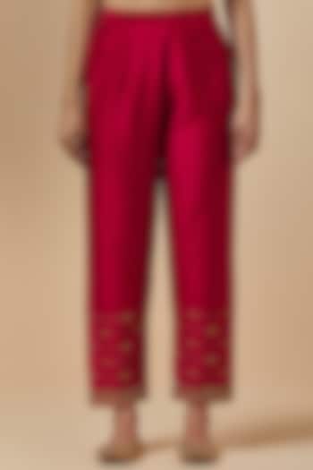 Red Hand Embroidered Palazzo Pants by Anantaa By Roohi Trehan