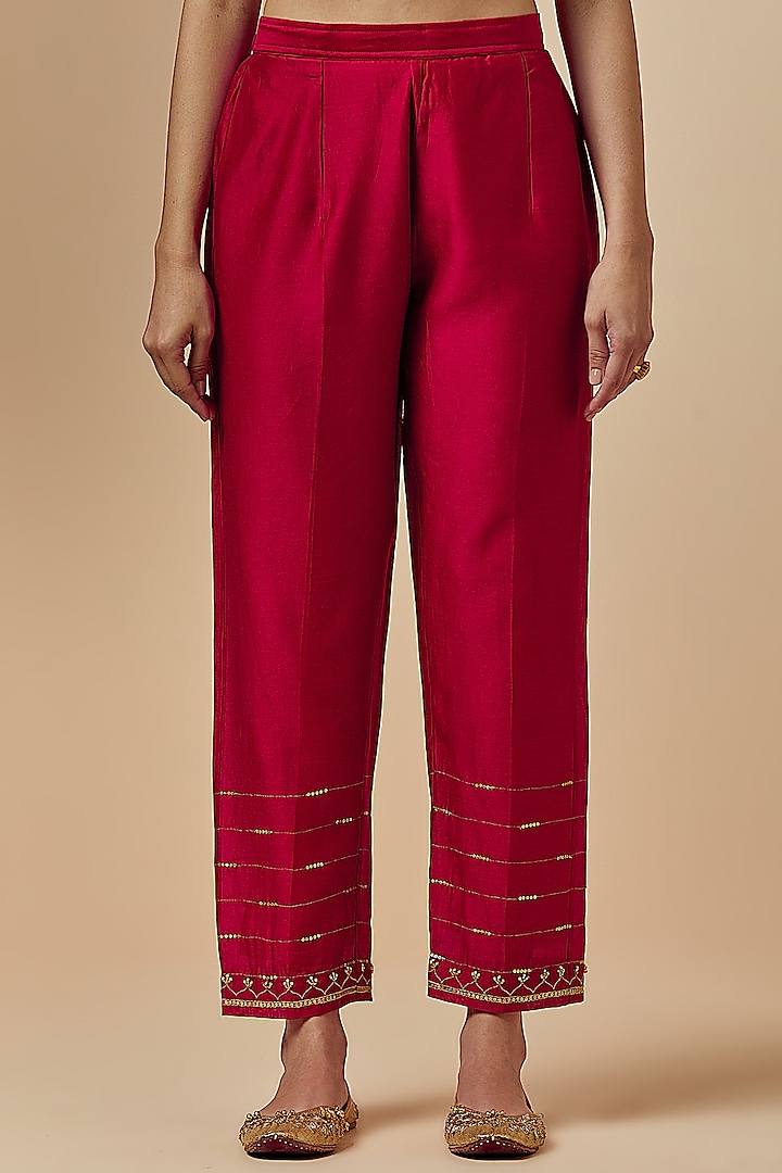 Red Hand Embroidered Palazzo Pants Design by Anantaa By Roohi Trehan at  Pernia's Pop Up Shop 2024