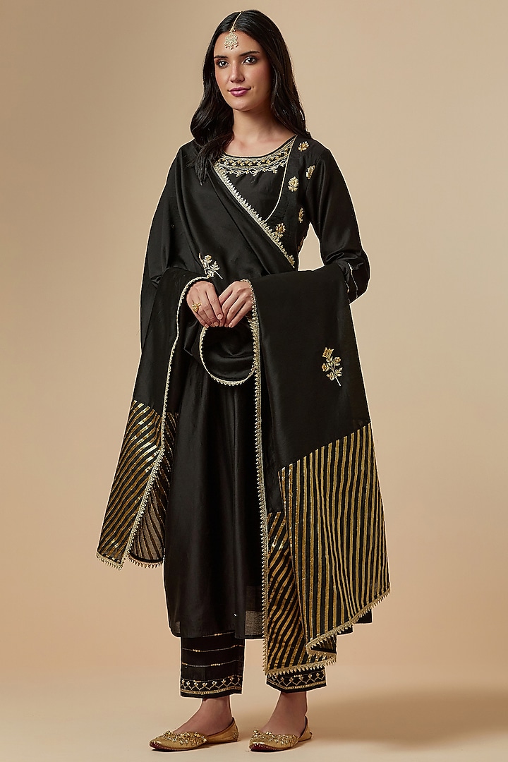 Black Hand Embroidered Palazzo Pants by Anantaa By Roohi Trehan