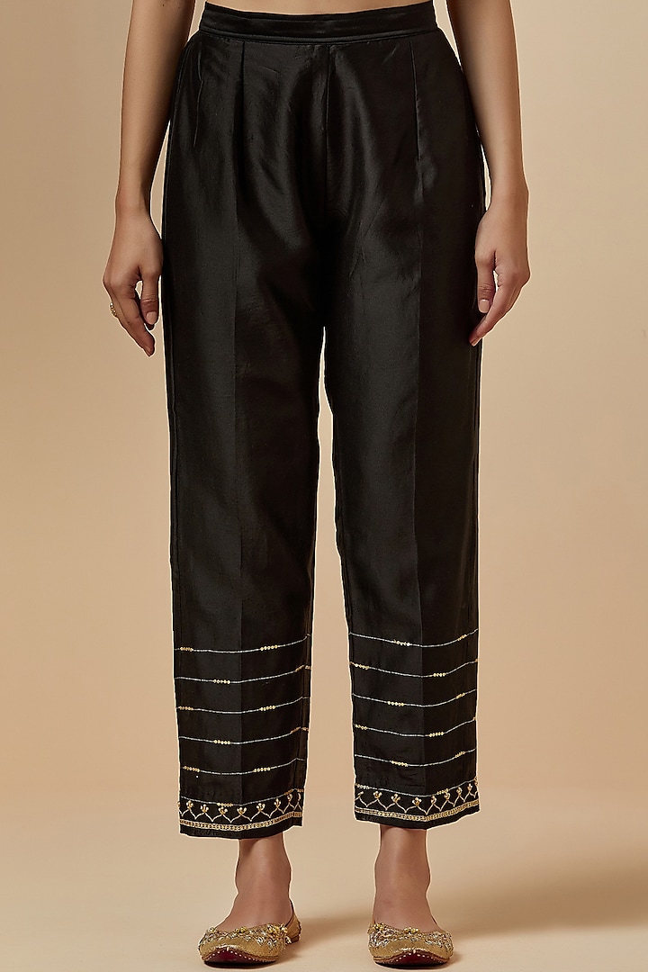 Black Hand Embroidered Palazzo Pants by Anantaa By Roohi Trehan at Pernia's Pop Up Shop