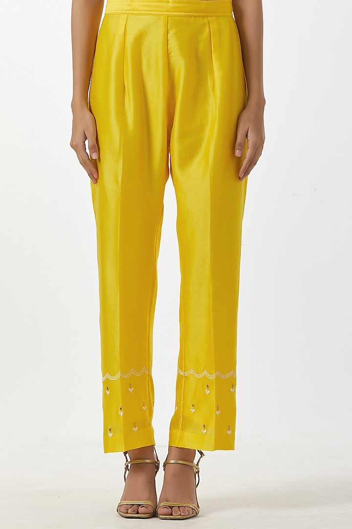Yellow Embroidered Palazzo Pants by Anantaa By Roohi Trehan