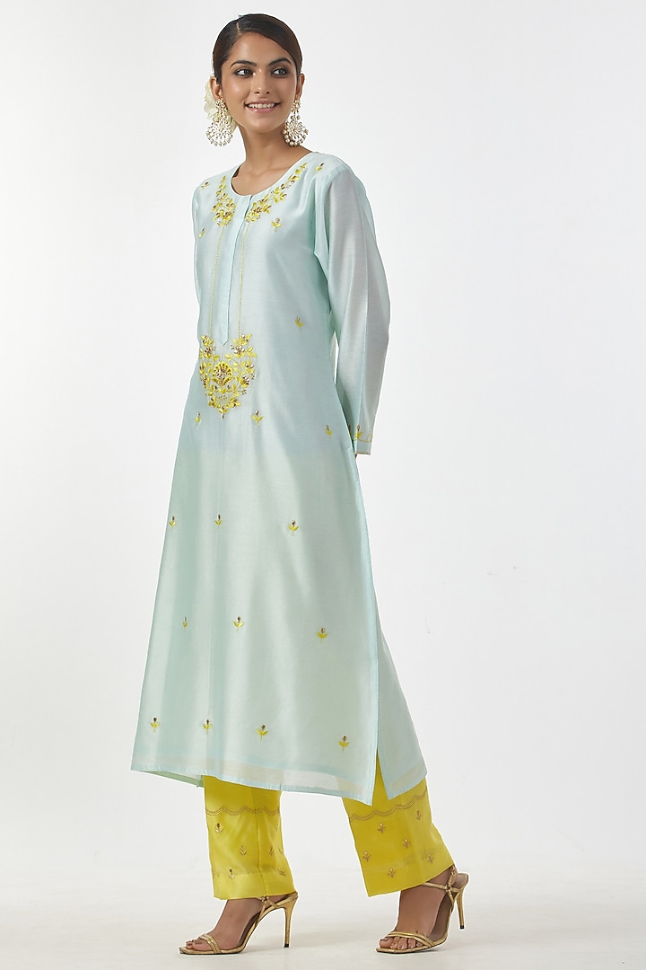 Bright Yellow Embroidered Palazzo Pants by Anantaa By Roohi Trehan at Pernia's Pop Up Shop