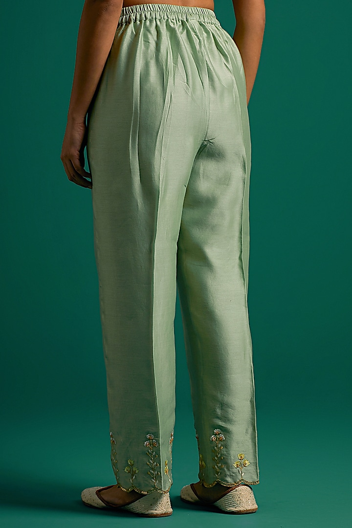 Green Silk Chanderi Hand Embroidered Kurta Set by Anantaa By Roohi Trehan at Pernia's Pop Up Shop