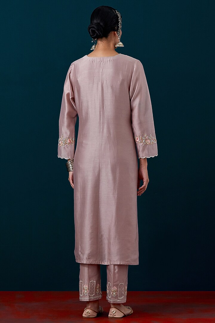 Onion Pink Silk Chanderi Zari & Sequin Hand Embroidered Kurta Set by Anantaa By Roohi Trehan at Pernia's Pop Up Shop