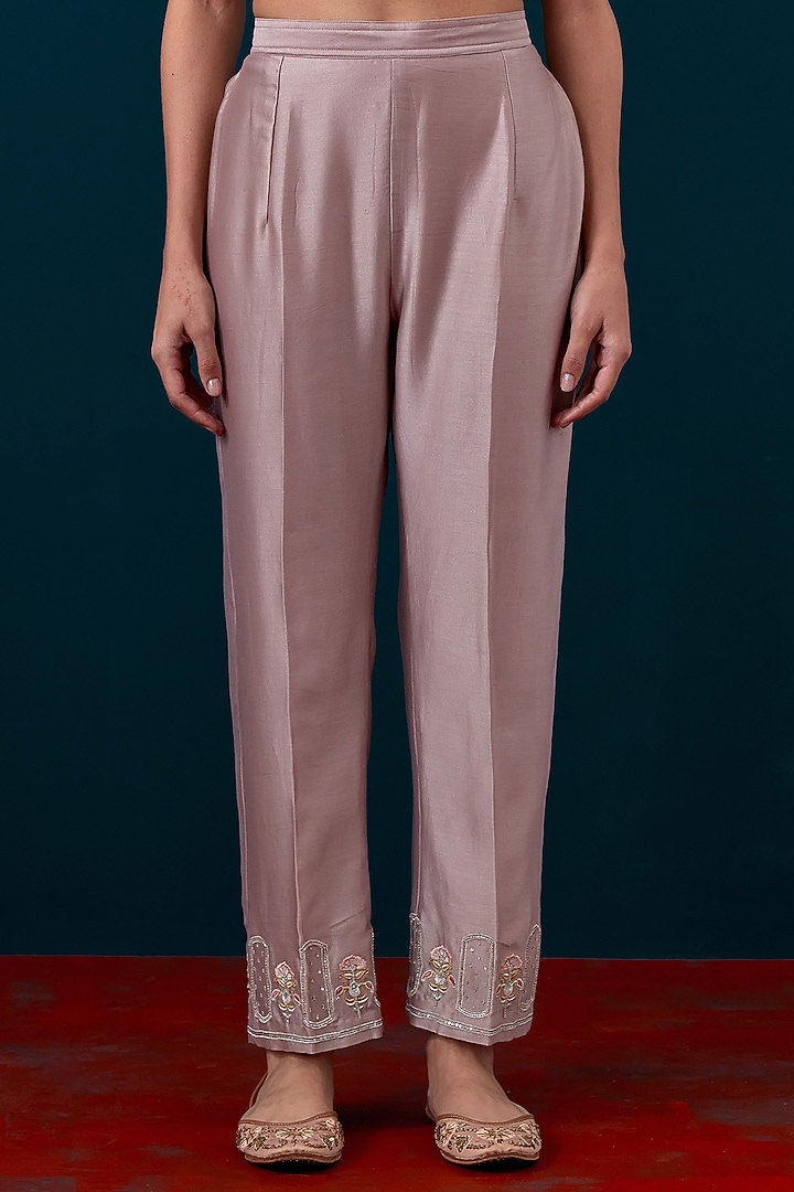 Onion Pink Silk Chanderi Zari & Sequin Hand Embroidered Kurta Set by Anantaa By Roohi Trehan at Pernia's Pop Up Shop