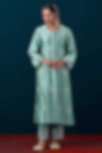 Dull Blue Silk Chanderi Zari & Sequin Hand Embroidered Kurta Set by Anantaa By Roohi Trehan at Pernia's Pop Up Shop