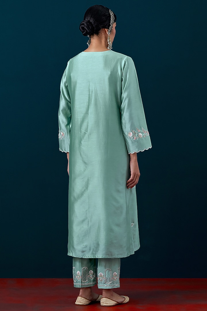 Dull Blue Silk Chanderi Zari & Sequin Hand Embroidered Kurta Set by Anantaa By Roohi Trehan at Pernia's Pop Up Shop