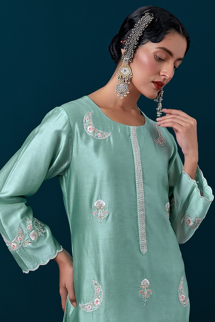 Dull Blue Silk Chanderi Zari & Sequin Hand Embroidered Kurta Set by Anantaa By Roohi Trehan at Pernia's Pop Up Shop