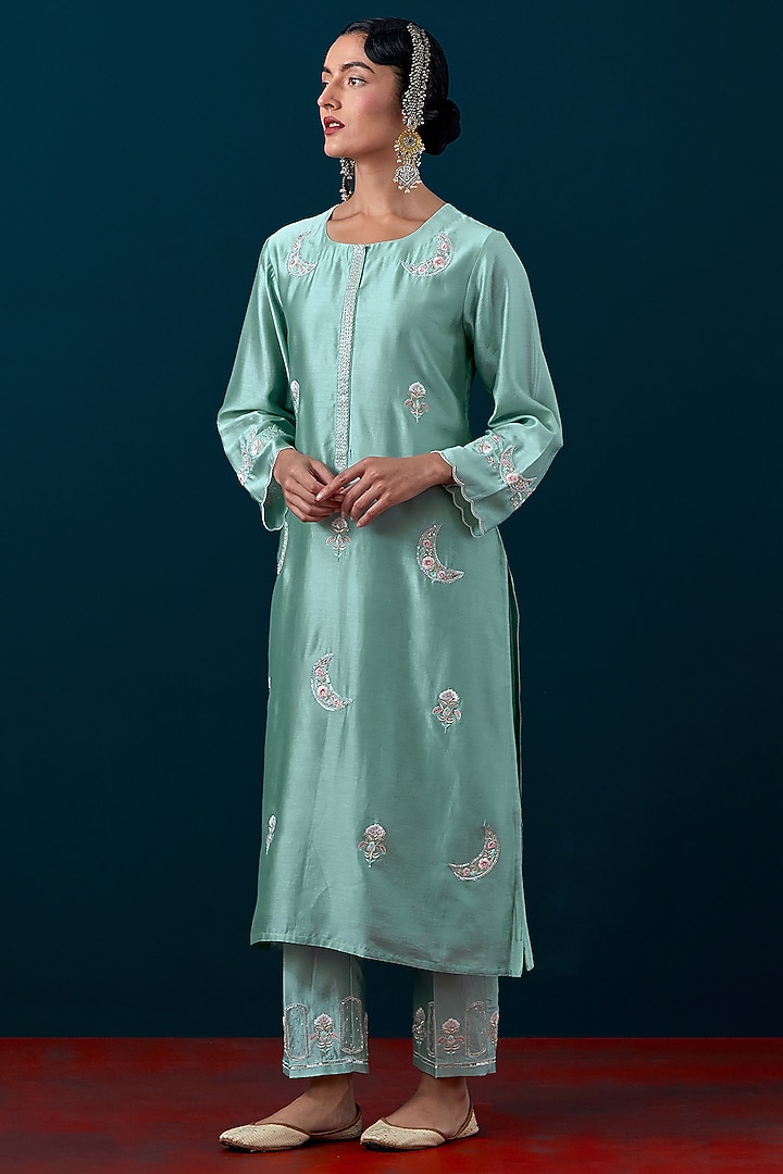 Dull Blue Silk Chanderi Zari & Sequin Hand Embroidered Kurta Set by Anantaa By Roohi Trehan at Pernia's Pop Up Shop