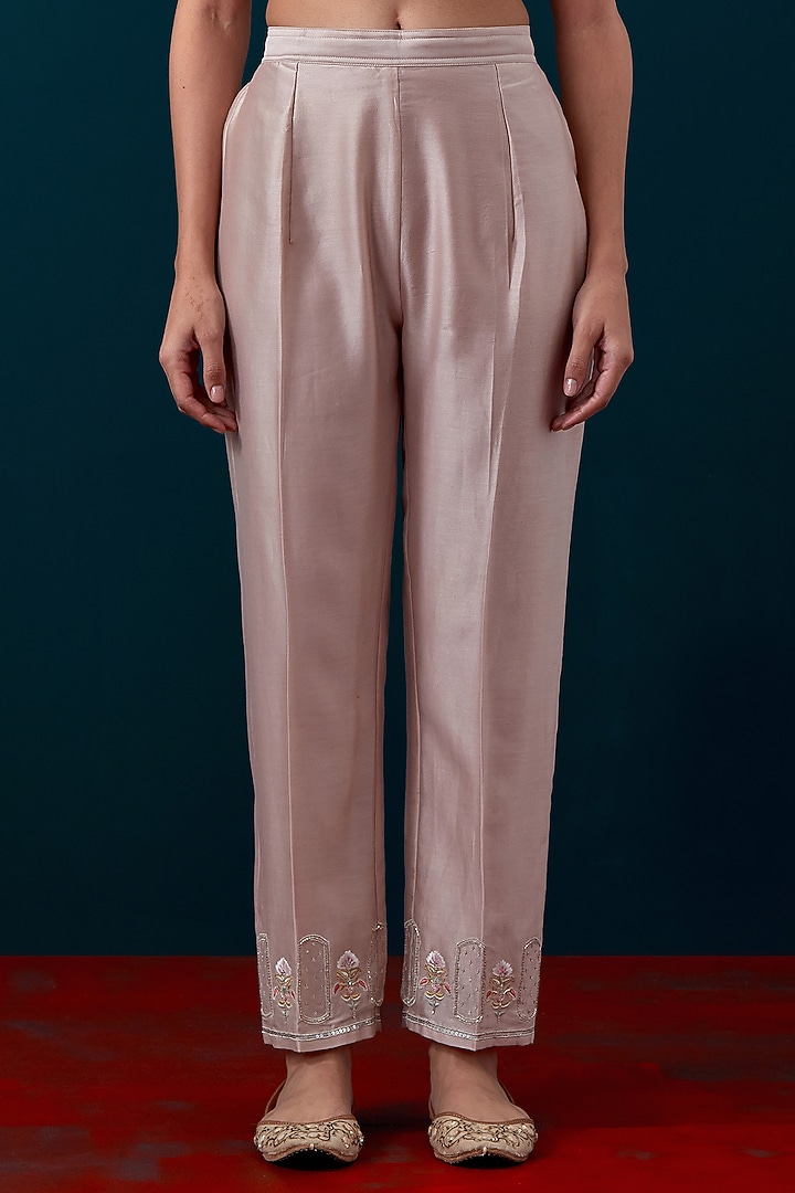 Old Rose Silk Chanderi Floral Embroidered Kurta Set by Anantaa By Roohi Trehan at Pernia's Pop Up Shop