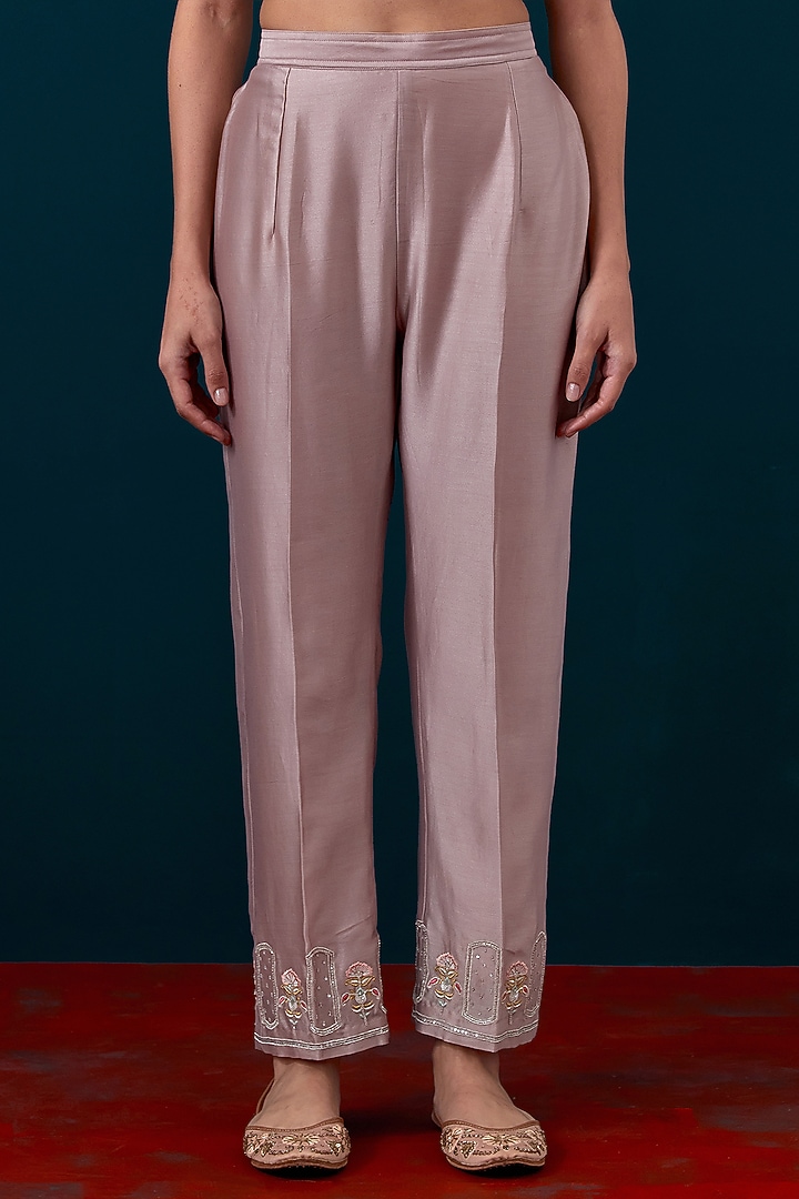 Onion Pink Silk Chanderi Floral Motif Embroidered Kurta Set by Anantaa By Roohi Trehan at Pernia's Pop Up Shop