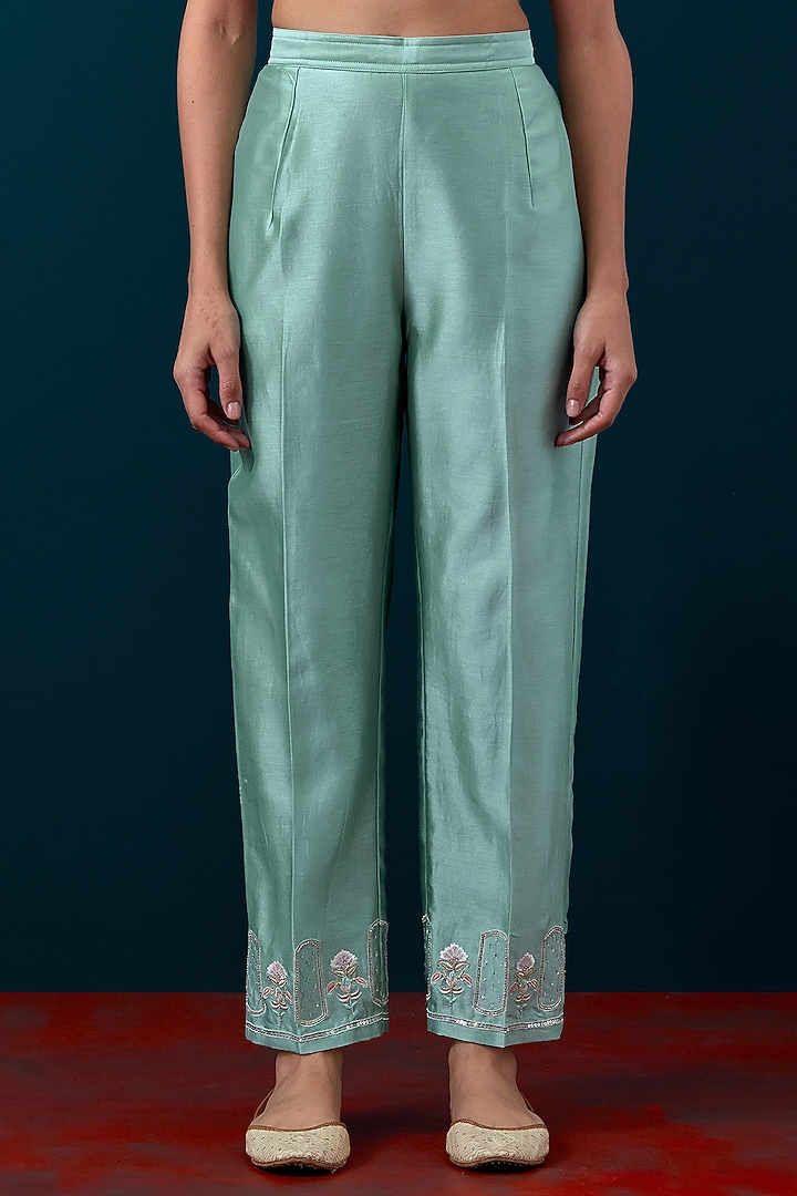 Dull Blue Silk Chanderi Floral Motif Embroidered Kurta Set by Anantaa By Roohi Trehan at Pernia's Pop Up Shop