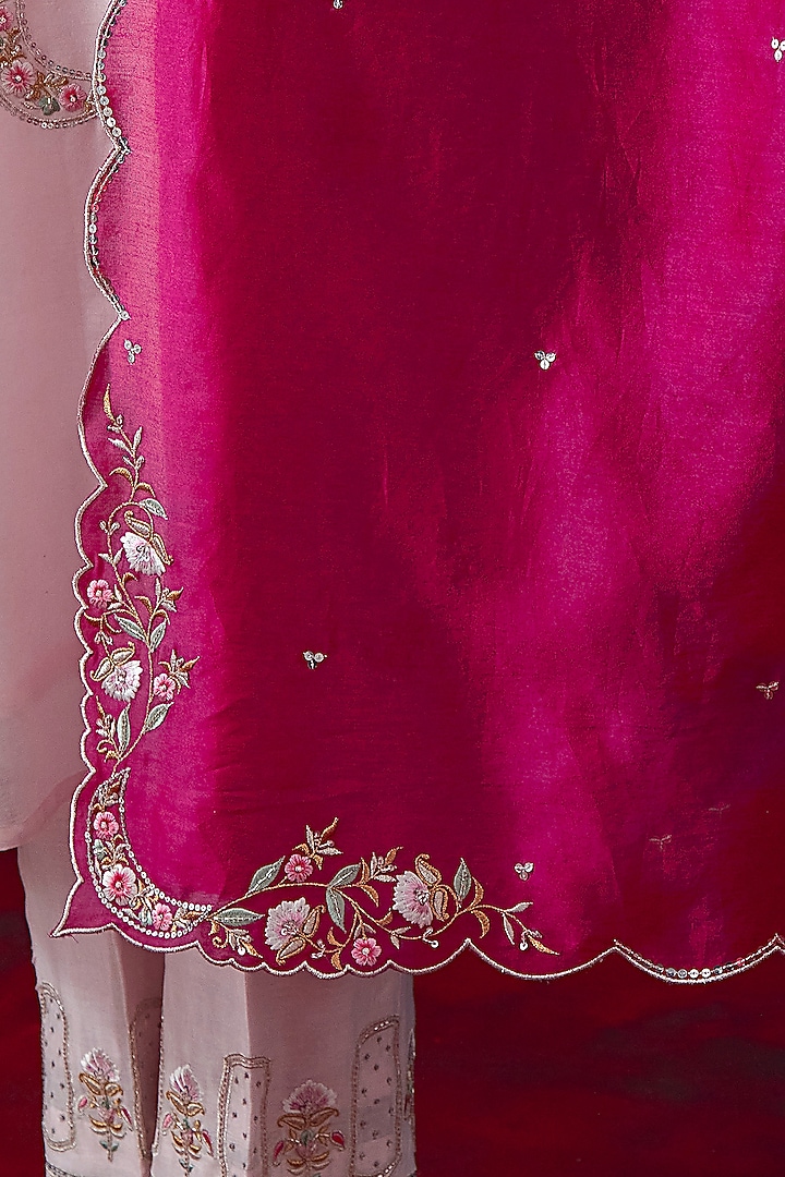 Burgundy Silk Chanderi Floral Scalloped Embroidered Dupatta by Anantaa By Roohi Trehan at Pernia's Pop Up Shop