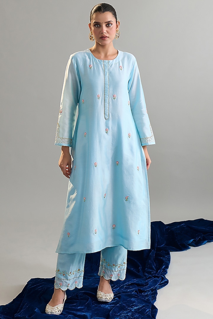 Light Blue Silk Chanderi Sequins Embroidered Kurta Set by Anantaa By Roohi Trehan at Pernia's Pop Up Shop