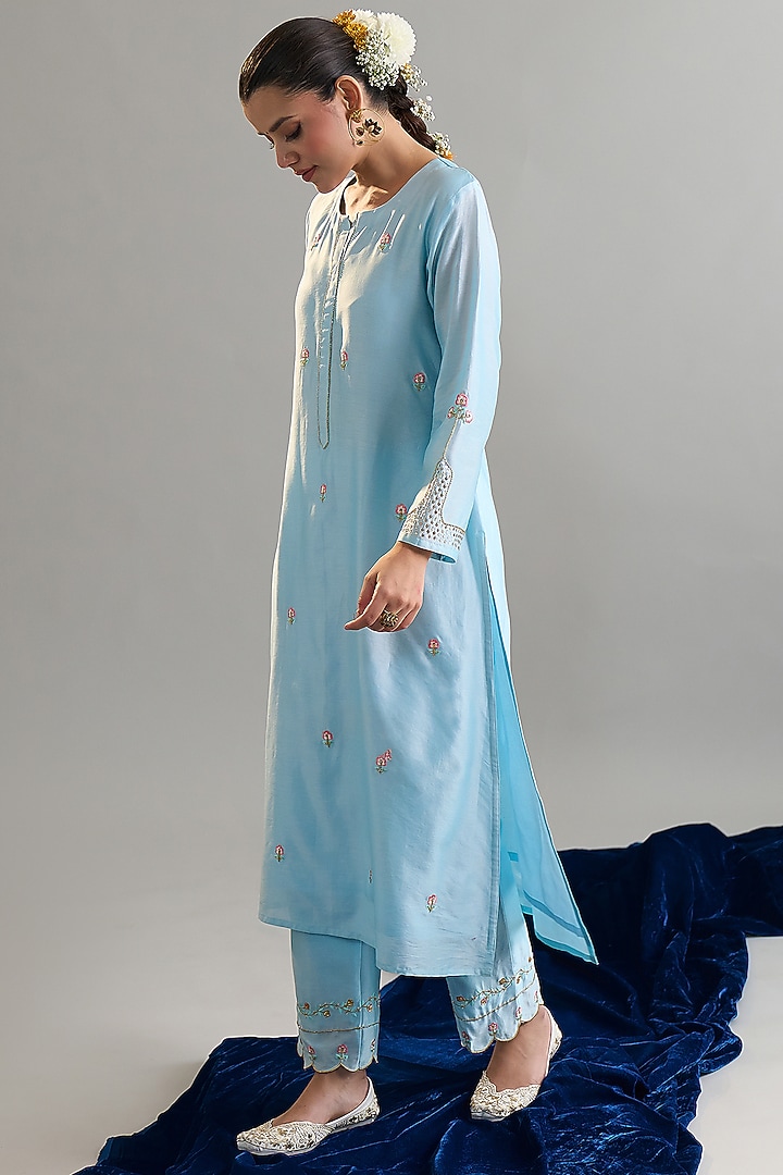 Light Blue Silk Chanderi Sequins Embroidered Kurta Set by Anantaa By Roohi Trehan at Pernia's Pop Up Shop