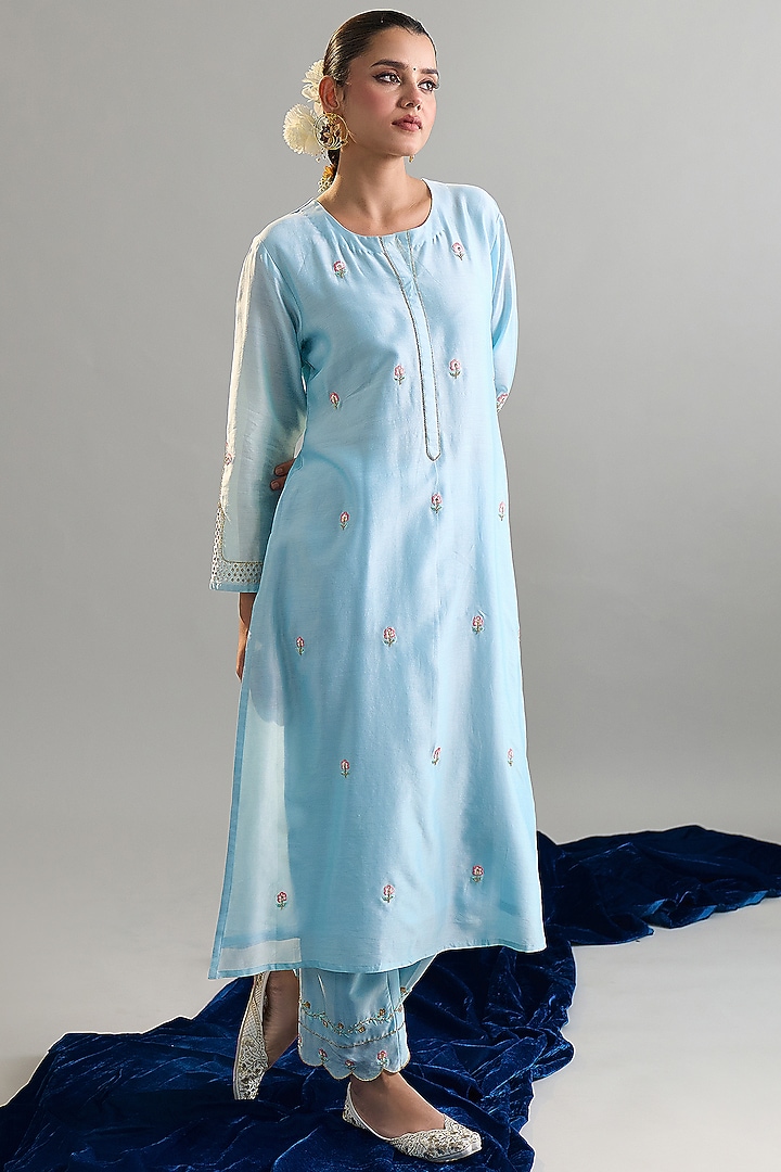 Light Blue Silk Chanderi Sequins Embroidered Kurta Set by Anantaa By Roohi Trehan at Pernia's Pop Up Shop