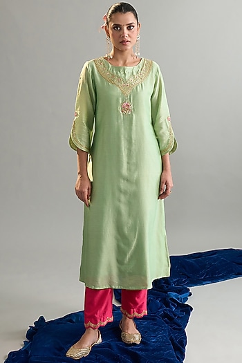 Green Silk Chanderi Sequins Embroidered Kurta Set by Anantaa By Roohi Trehan at Pernia's Pop Up Shop