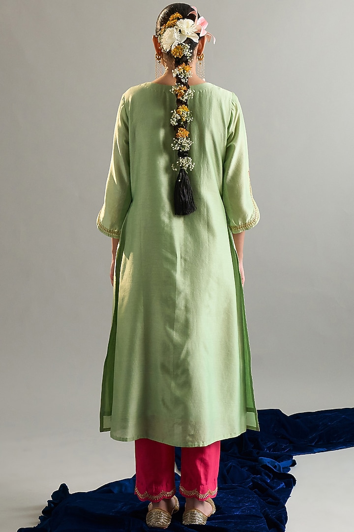 Green Silk Chanderi Sequins Embroidered Kurta Set by Anantaa By Roohi Trehan at Pernia's Pop Up Shop