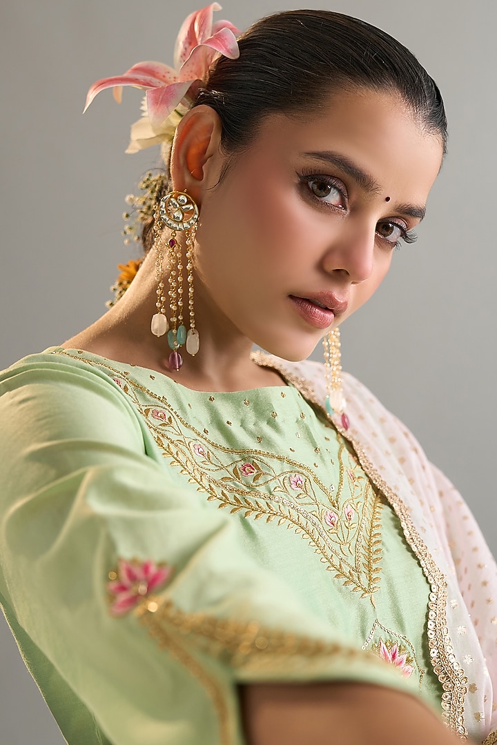 Green Silk Chanderi Sequins Embroidered Kurta Set by Anantaa By Roohi Trehan at Pernia's Pop Up Shop