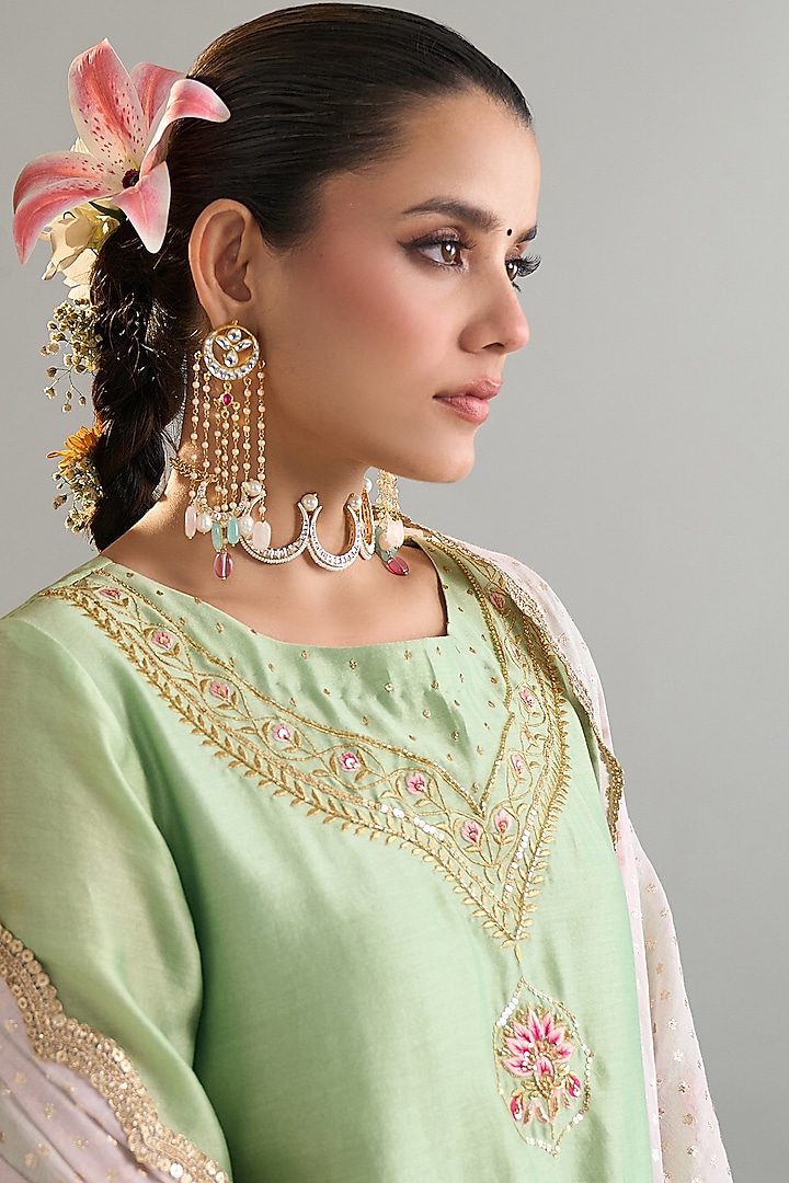 Green Silk Chanderi Sequins Embroidered Kurta Set by Anantaa By Roohi Trehan at Pernia's Pop Up Shop