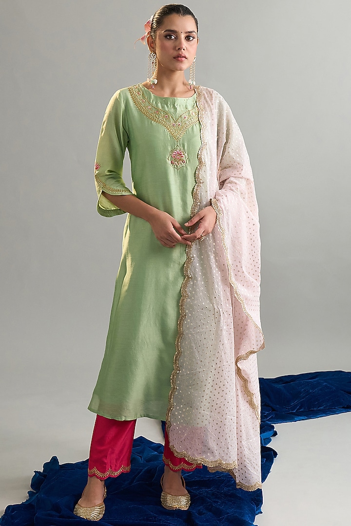 Green Silk Chanderi Sequins Embroidered Kurta Set by Anantaa By Roohi Trehan at Pernia's Pop Up Shop