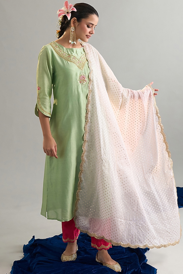 Green Silk Chanderi Sequins Embroidered Kurta Set by Anantaa By Roohi Trehan at Pernia's Pop Up Shop