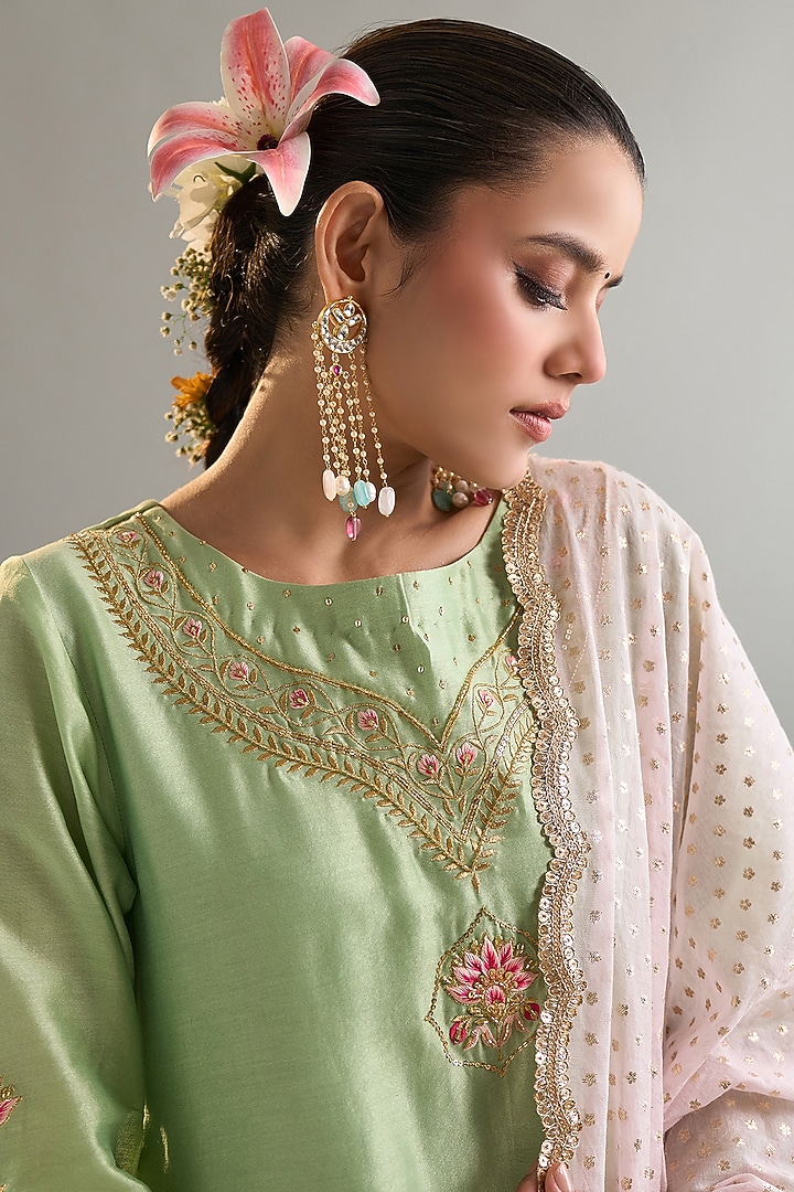Green Silk Chanderi Sequins Embroidered Kurta Set by Anantaa By Roohi Trehan at Pernia's Pop Up Shop
