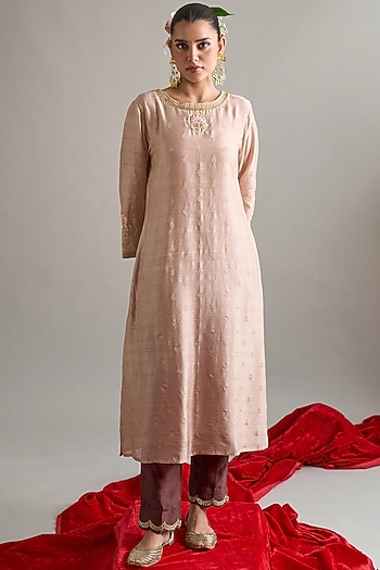 Brown Silk Chanderi Sequins Embroidered Kurta Set by Anantaa By Roohi Trehan at Pernia's Pop Up Shop