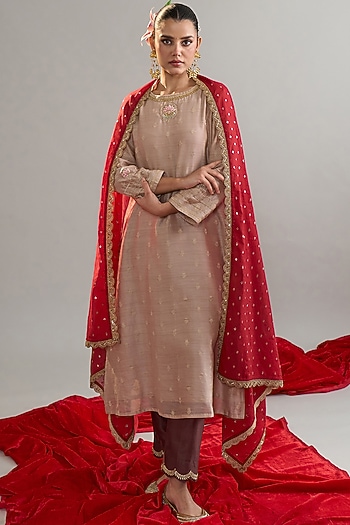 Brown Silk Chanderi Sequins Embroidered Kurta Set by Anantaa By Roohi Trehan at Pernia's Pop Up Shop