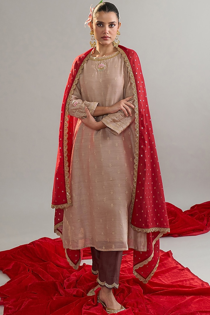 Brown Silk Chanderi Sequins Embroidered Kurta Set by Anantaa By Roohi Trehan at Pernia's Pop Up Shop