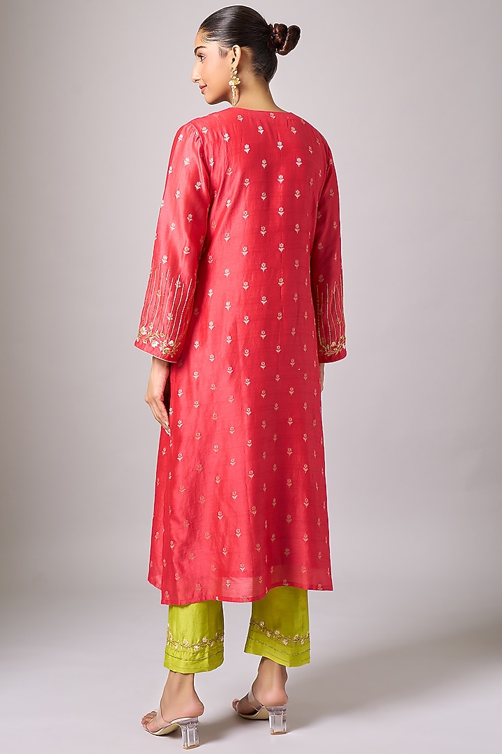 Red Silk Chanderi Sequins Embroidered Kurta Set by Anantaa By Roohi Trehan at Pernia's Pop Up Shop