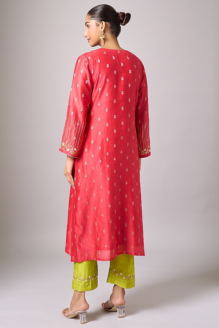 Red Silk Chanderi Sequins Embroidered Kurta Set by Anantaa By Roohi Trehan at Pernia's Pop Up Shop