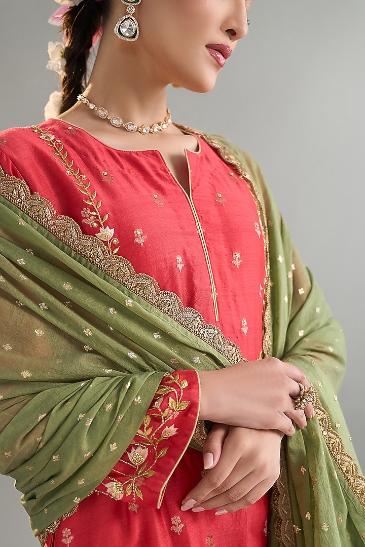 Red Silk Chanderi Sequins Embroidered Kurta Set by Anantaa By Roohi Trehan at Pernia's Pop Up Shop
