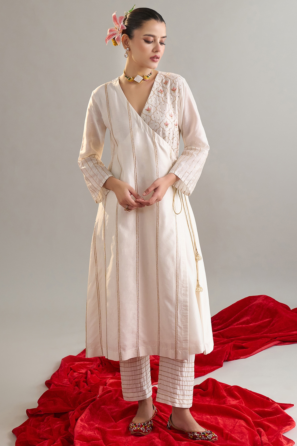 Anantaa By Roohi Trehan Off-White Silk Chanderi Resham Embroidered Kurta Set