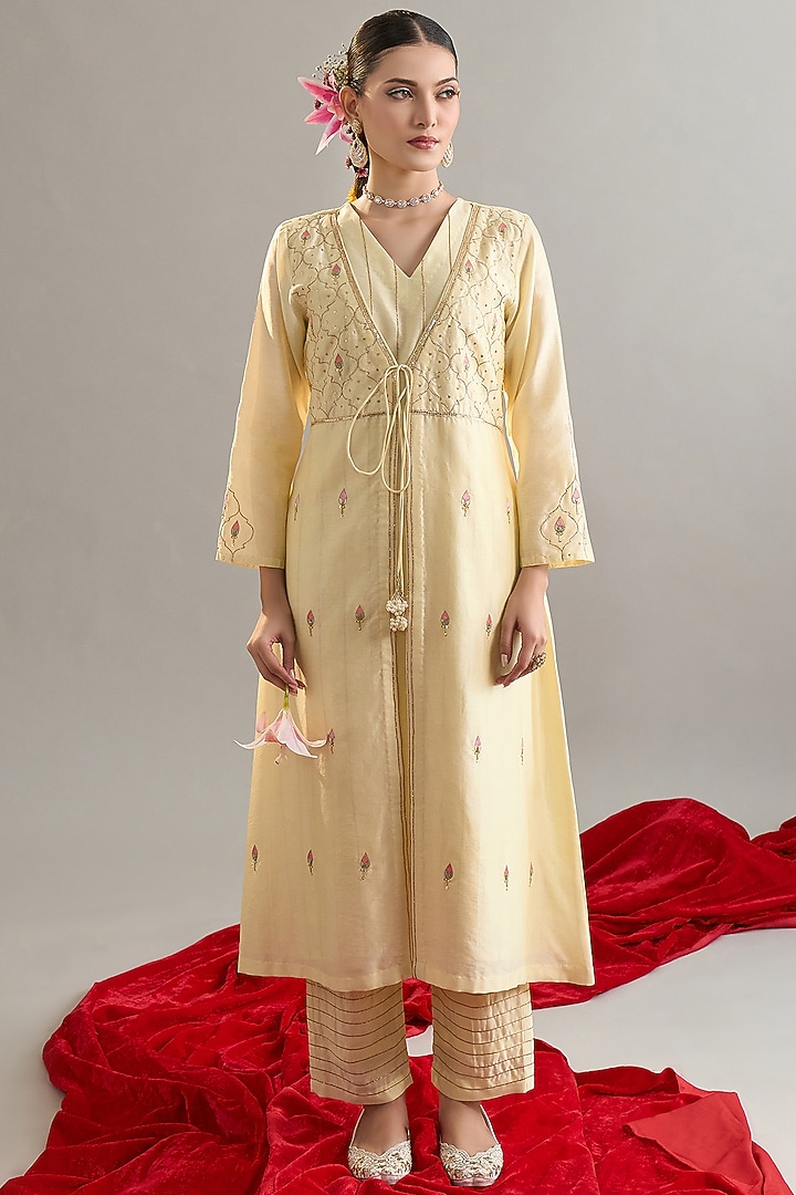 Light Yellow Silk Chanderi Cutdana Embroidered Kurta Set by Anantaa By Roohi Trehan at Pernia's Pop Up Shop