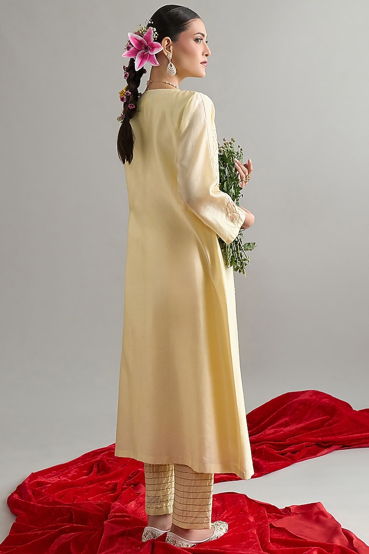 Light Yellow Silk Chanderi Cutdana Embroidered Kurta Set by Anantaa By Roohi Trehan at Pernia's Pop Up Shop