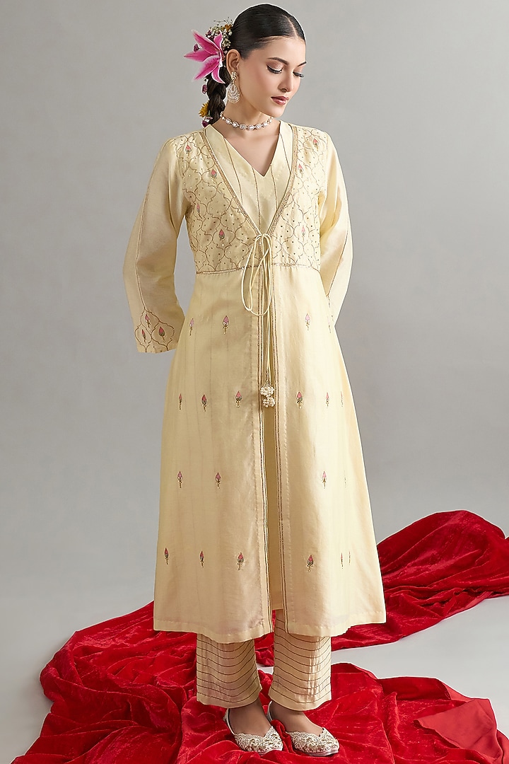Light Yellow Silk Chanderi Cutdana Embroidered Kurta Set by Anantaa By Roohi Trehan at Pernia's Pop Up Shop