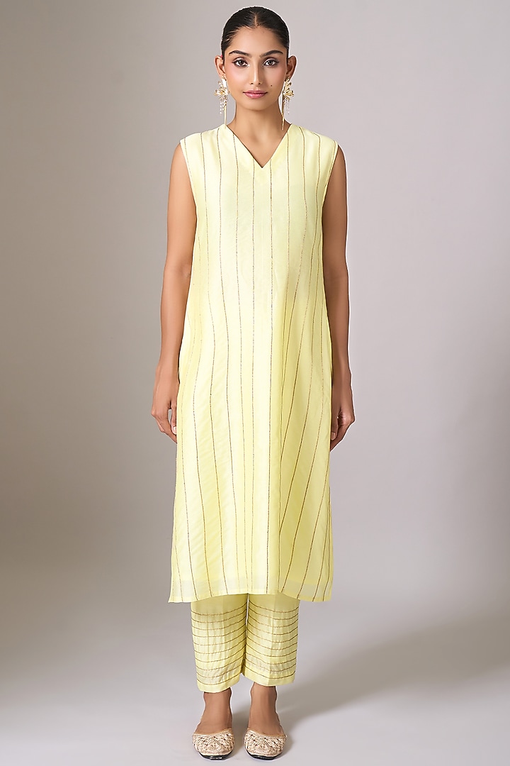Light Yellow Silk Chanderi Cutdana Embroidered Kurta Set by Anantaa By Roohi Trehan at Pernia's Pop Up Shop