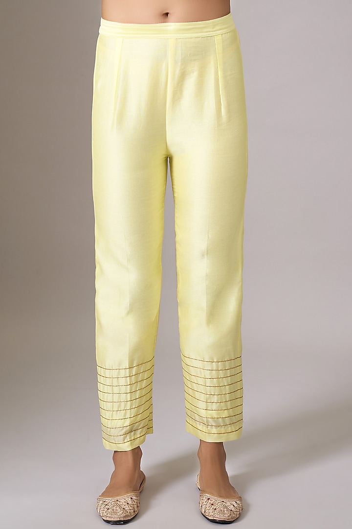 Light Yellow Silk Chanderi Cutdana Embroidered Kurta Set by Anantaa By Roohi Trehan at Pernia's Pop Up Shop