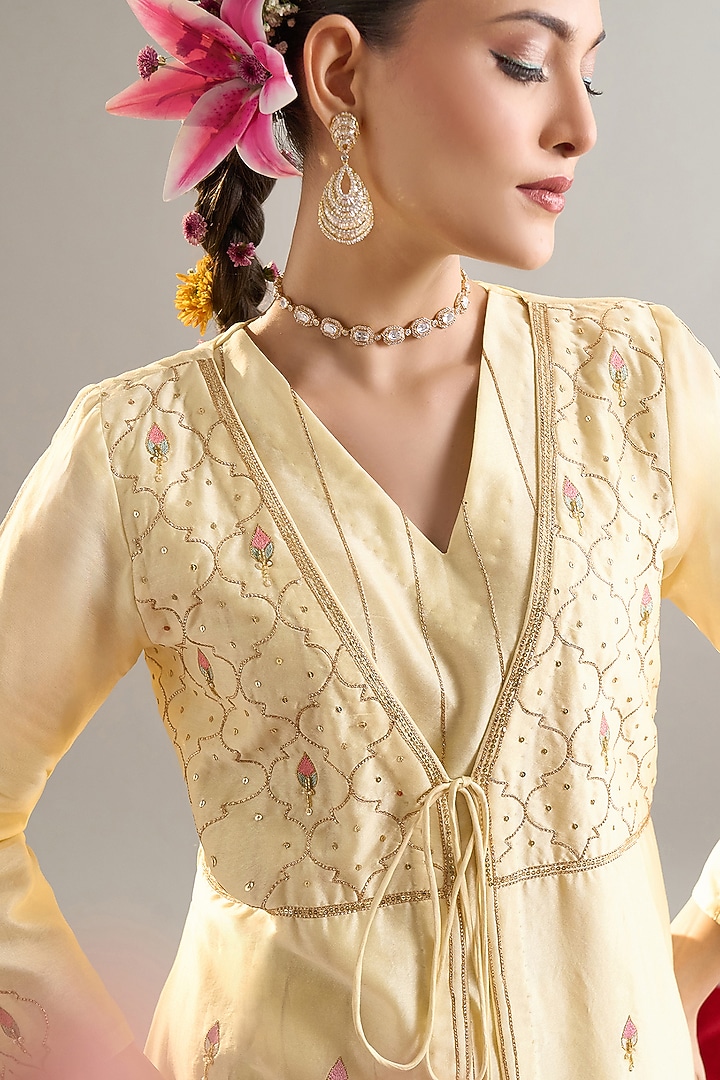 Light Yellow Silk Chanderi Cutdana Embroidered Kurta Set by Anantaa By Roohi Trehan at Pernia's Pop Up Shop