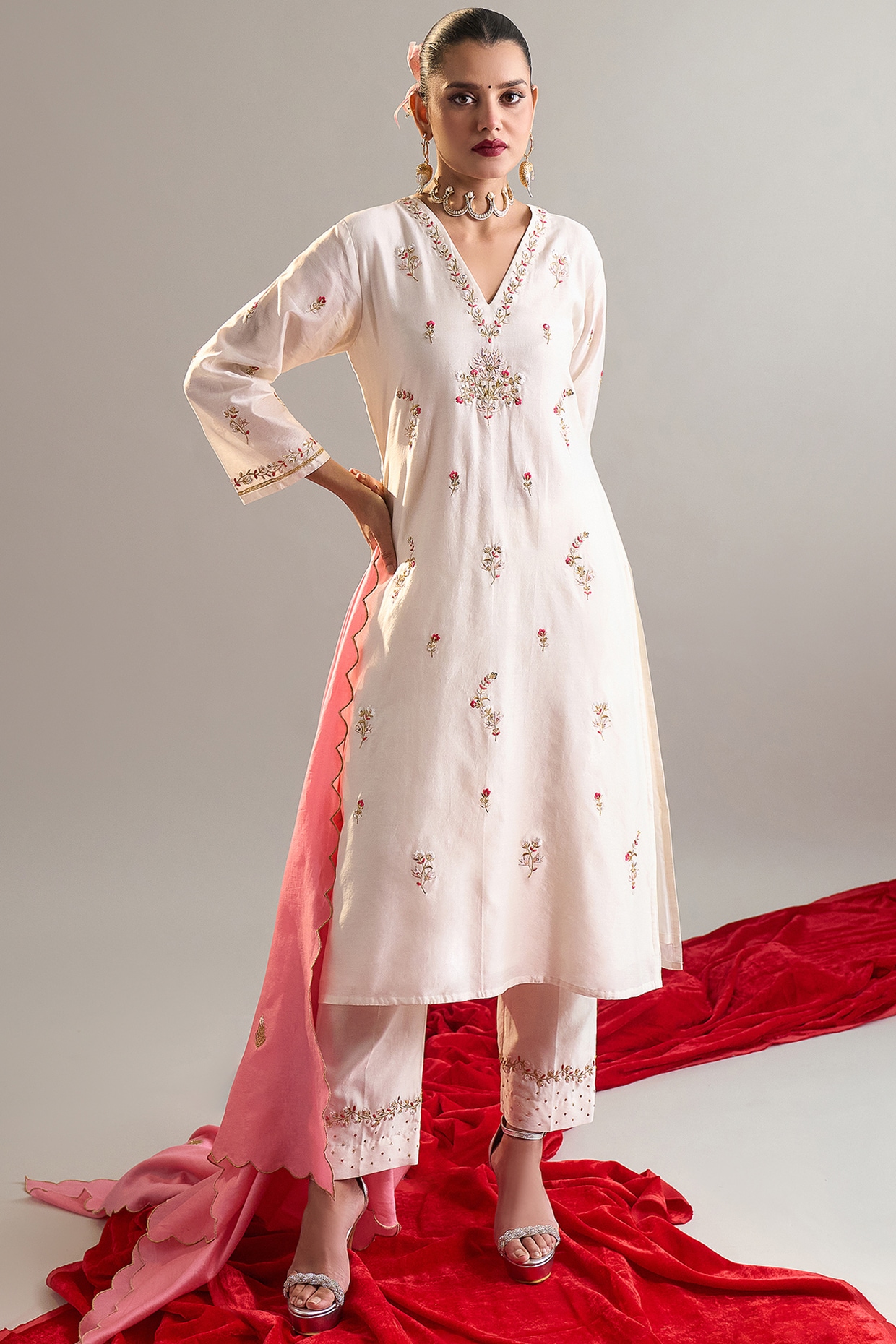 Anantaa By Roohi Trehan Off-White Silk Chanderi Sequins Embroidered Kurta Set