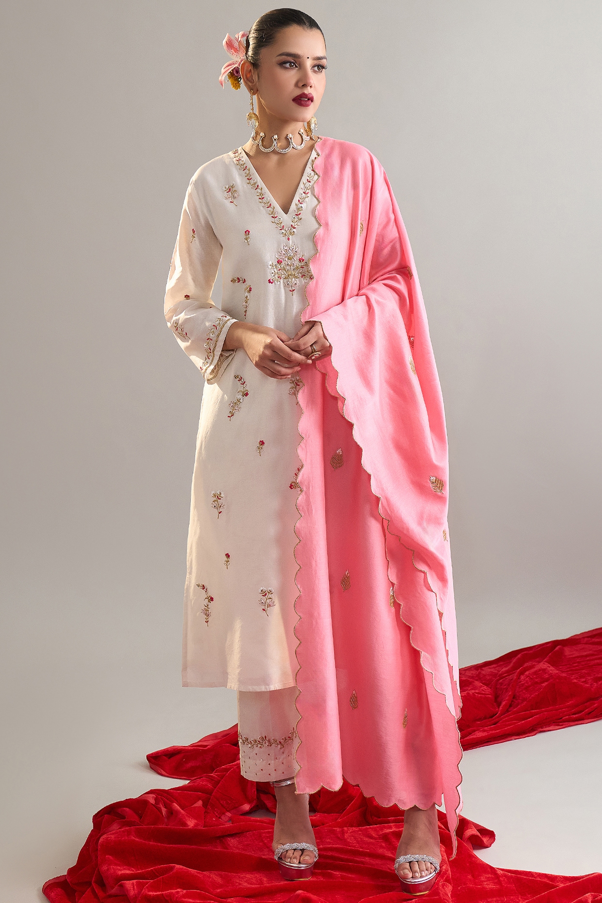 Anantaa By Roohi Trehan Off-White Silk Chanderi Sequins Embroidered Kurta Set