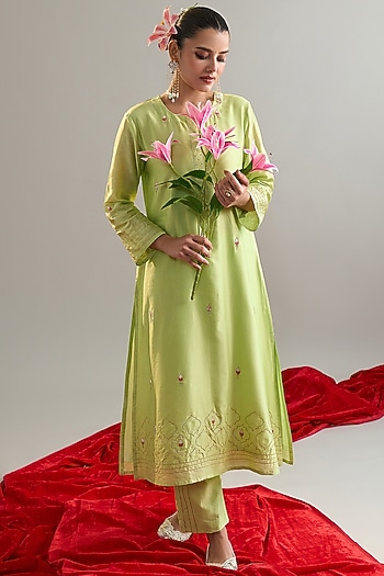 Green Silk Chanderi Sequins Embroidered Kurta Set by Anantaa By Roohi Trehan at Pernia's Pop Up Shop