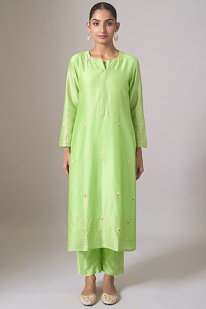Green Silk Chanderi Sequins Embroidered Kurta Set by Anantaa By Roohi Trehan at Pernia's Pop Up Shop