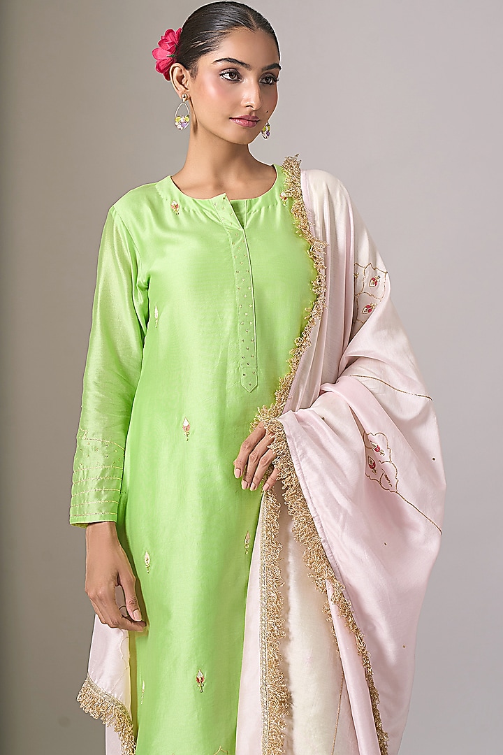 Green Silk Chanderi Sequins Embroidered Kurta Set by Anantaa By Roohi Trehan at Pernia's Pop Up Shop