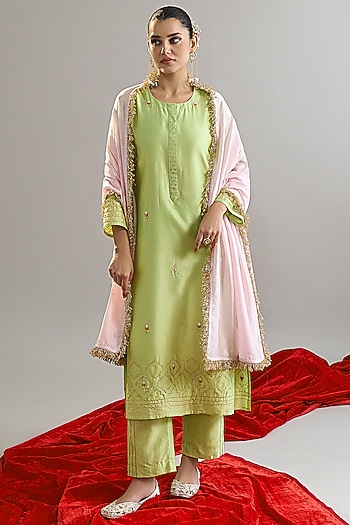 Green Silk Chanderi Gota Embroidered Kurta Set by Anantaa By Roohi Trehan at Pernia's Pop Up Shop