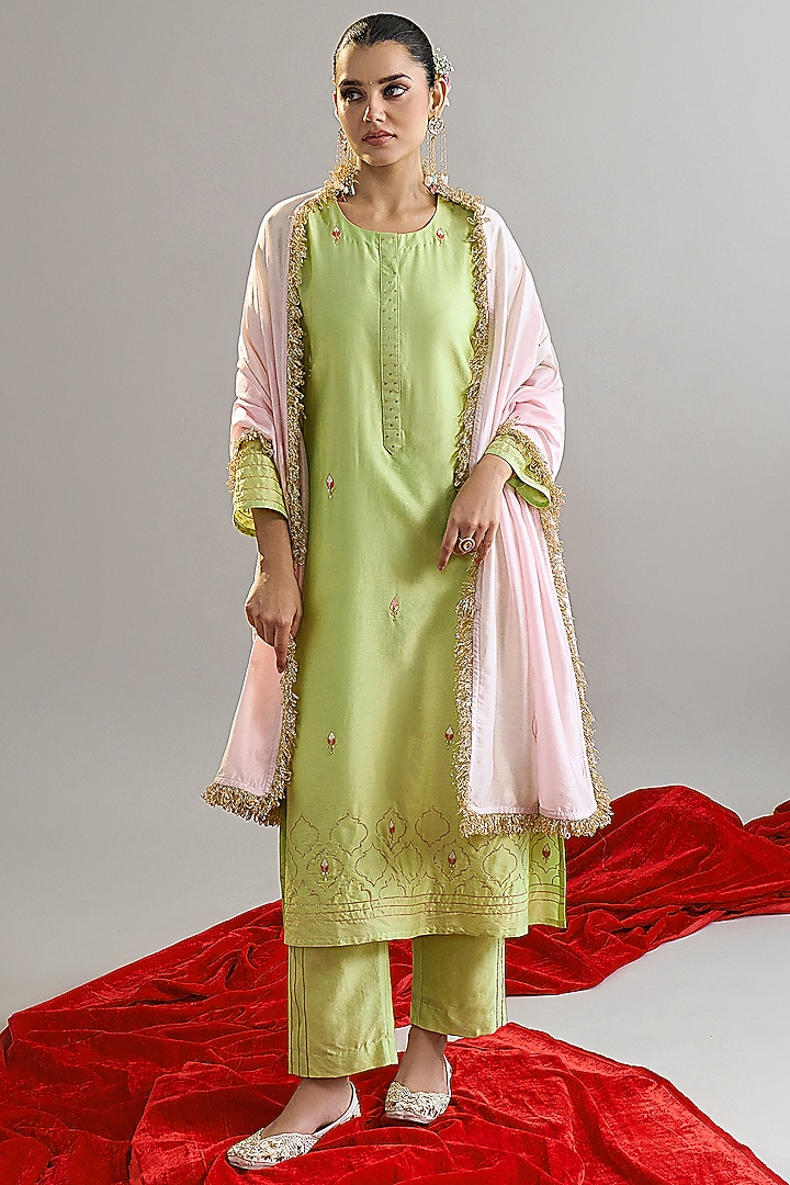Green Silk Chanderi Gota Embroidered Kurta Set by Anantaa By Roohi Trehan at Pernia's Pop Up Shop